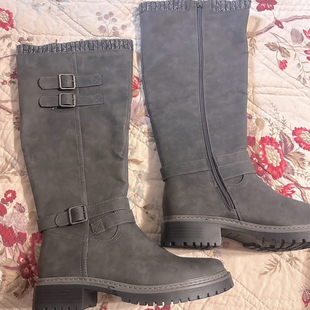 JustFab Charcoal Heeled Boots with Buckle Detail
